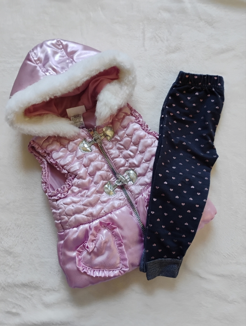 Super Cute Fur Trim Metallic Heart Patterned Puffer Vest Outfit | 2T